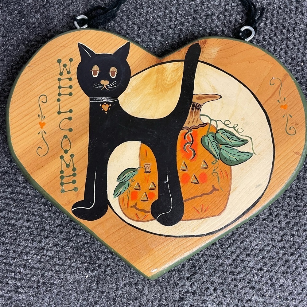 Vtg Halloween Black Cat Pumpkin Folk Art Hand Painted Welcome Wood Sign Mexico - Picture 2 of 6